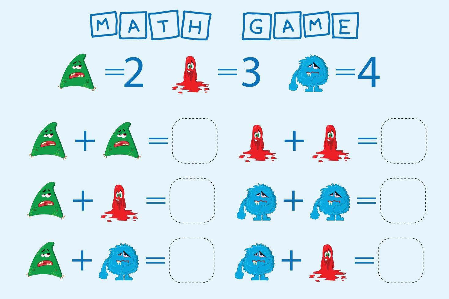 jeu de comptage avec des monstres. feuille de travail préscolaire, feuille d'activité pour enfants, feuille de travail imprimable vecteur