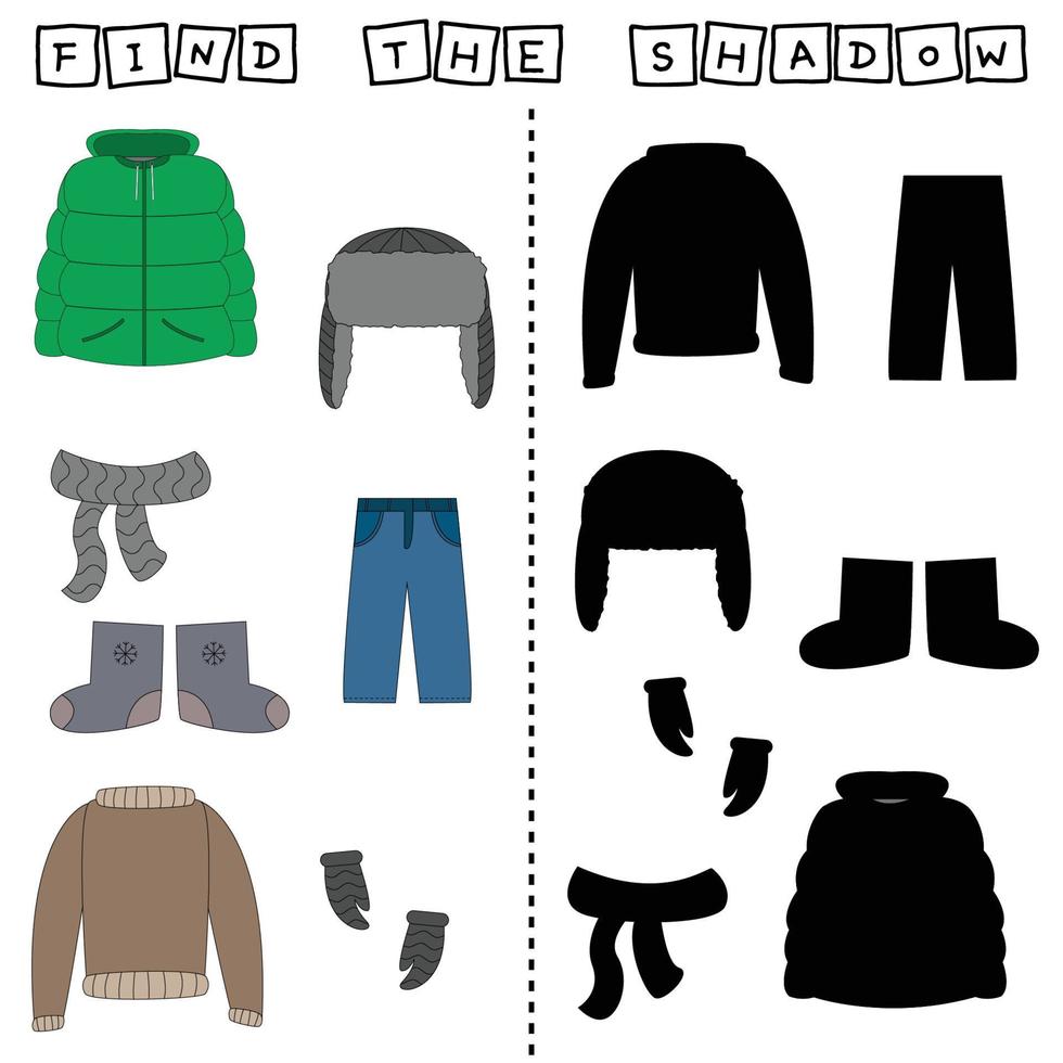 activité de développement pour les enfants, trouvez une paire parmi des vêtements identiques manteau, bonnet, écharpe, pantalon, chandail, mitaine. jeu de logique pour les enfants. vecteur