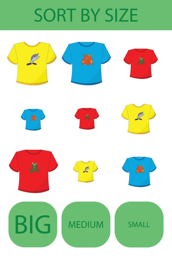 assortissez le t-shirt par taille grand, moyen et petit. jeu éducatif pour enfants. vecteur