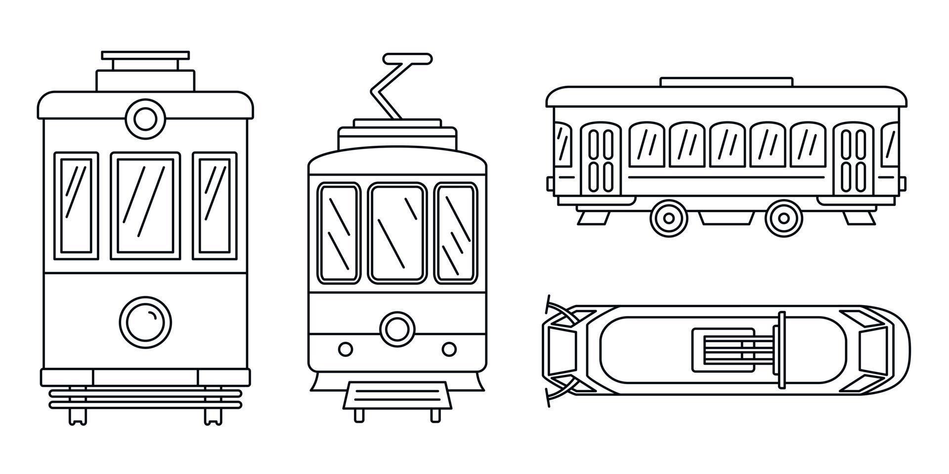 jeu d'icônes de tramway, style de contour vecteur