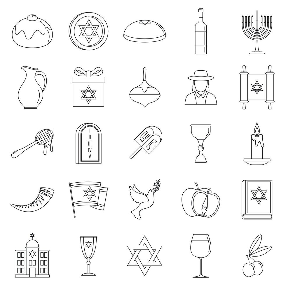 jeu d'icônes de vacances de hanukkah, style de contour vecteur