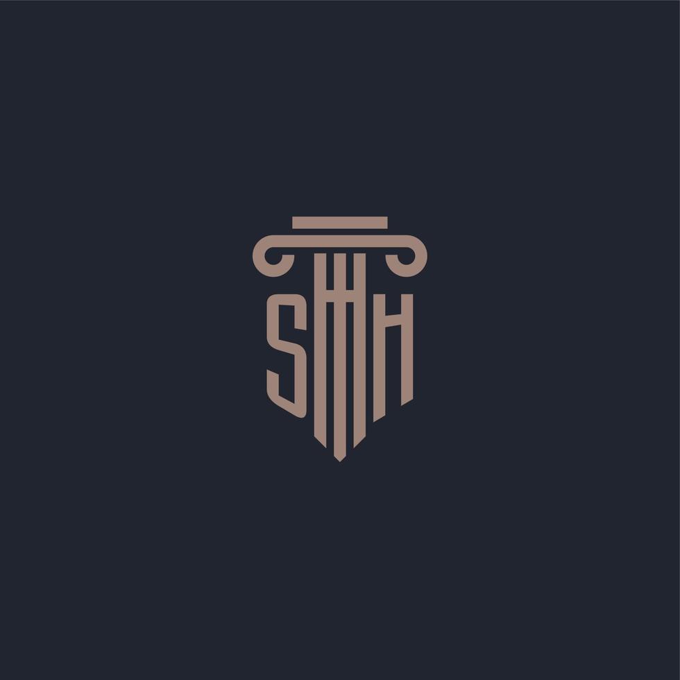 monogramme de logo initial sh avec un design de style pilier pour un cabinet d'avocats et une société de justice vecteur