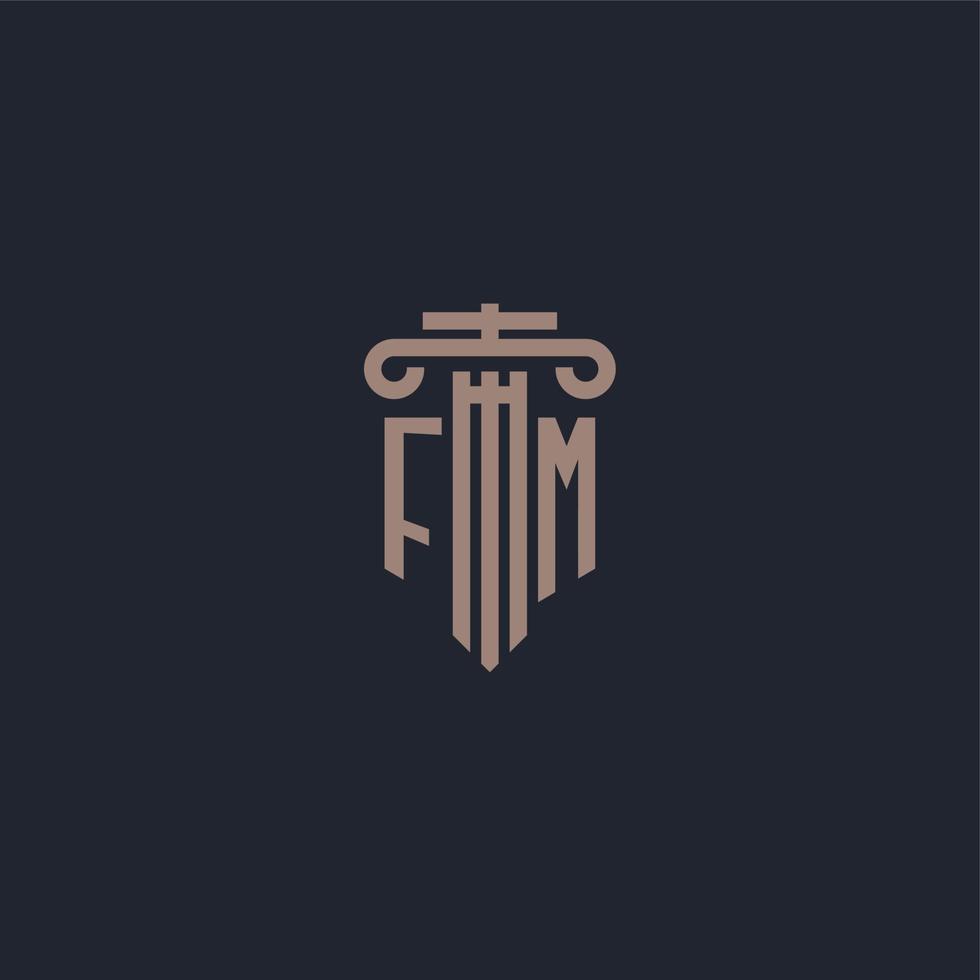 monogramme de logo initial fm avec un design de style pilier pour un cabinet d'avocats et une société de justice vecteur