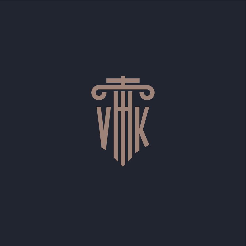 monogramme de logo initial vk avec un design de style pilier pour un cabinet d'avocats et une société de justice vecteur