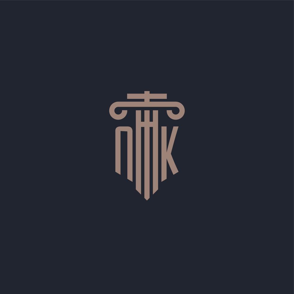 monogramme de logo initial nk avec un design de style pilier pour un cabinet d'avocats et une société de justice vecteur