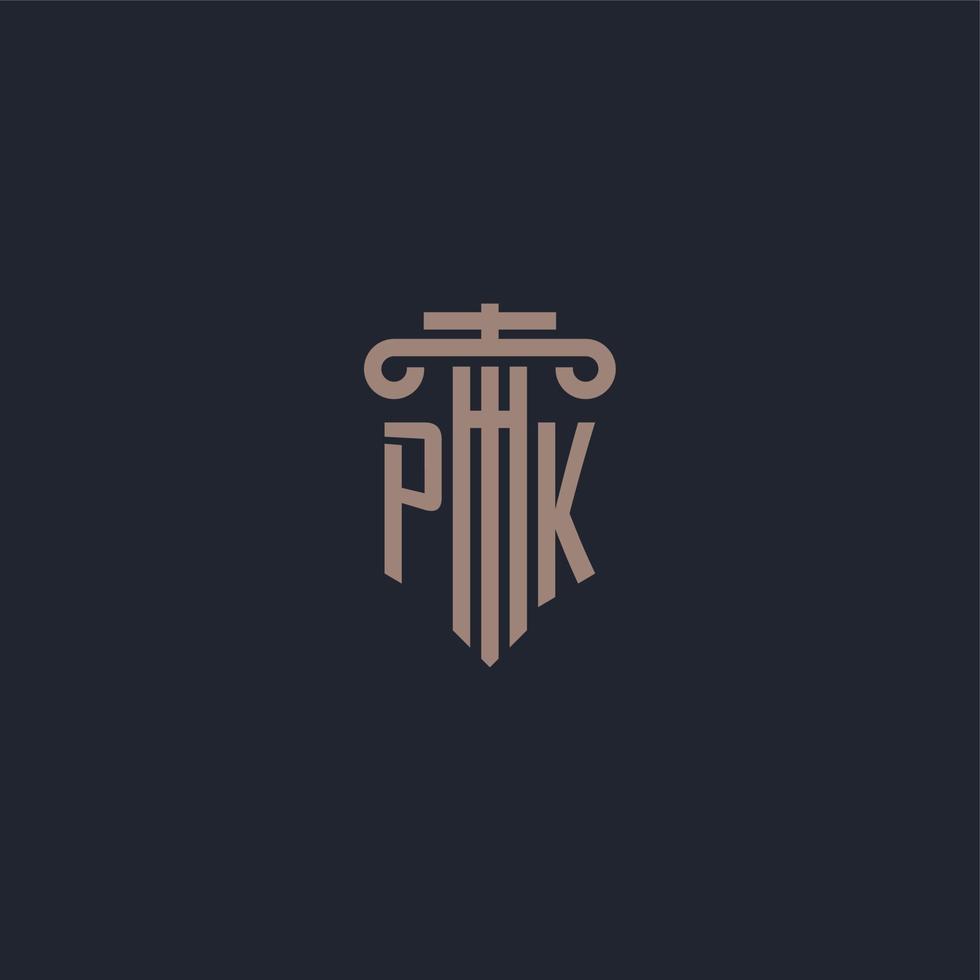 monogramme de logo initial pk avec un design de style pilier pour un cabinet d'avocats et une société de justice vecteur