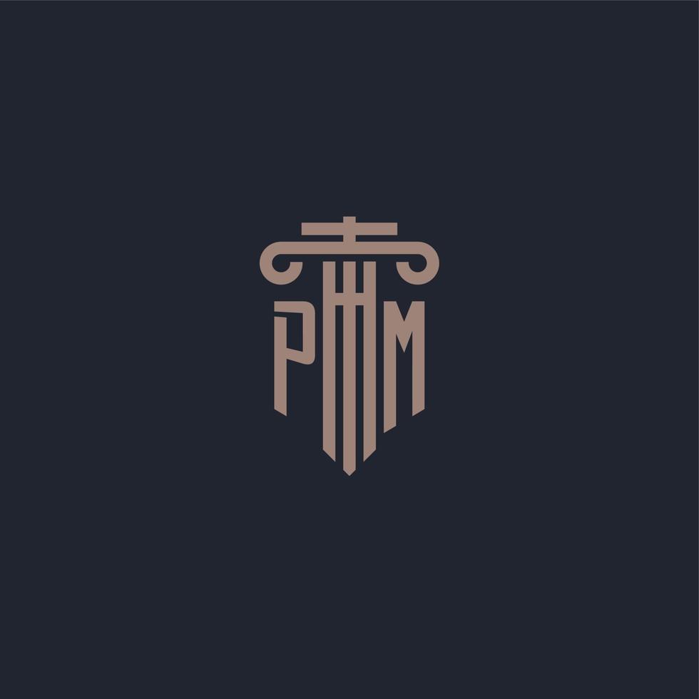 monogramme de logo initial pm avec un design de style pilier pour un cabinet d'avocats et une société de justice vecteur