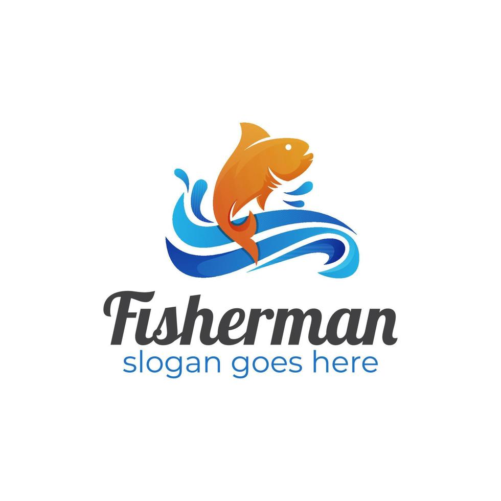 logos de pêcheur de poisson frais avec concept de logo de vagues d'eau pour la vente de poisson, fruits de mer, logo de pêche vecteur