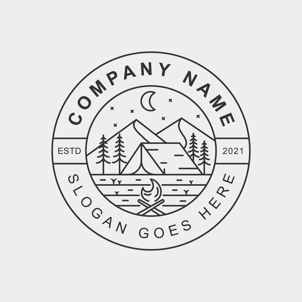logos d'art en ligne de camping hill outdoor avec logo d'insigne de montagne et de feu de camp vecteur