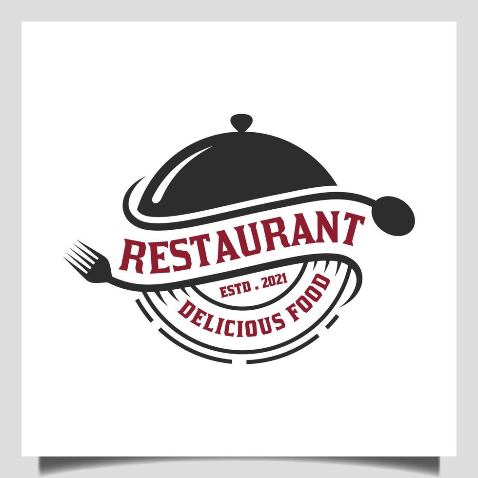 cuisine classique de restaurant rétro vintage avec fourchette, cuillère et modèle de logo d'emblème de concept de conception de plat vecteur