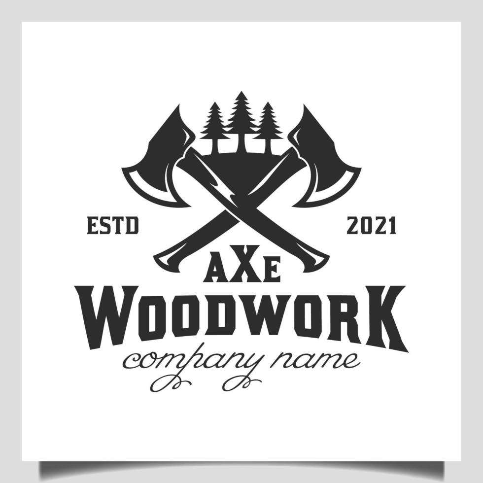 logo de bûcheron vintage avec silhouette hache croisée en forêt, création de logo de haches en bois de pompier croisé vecteur