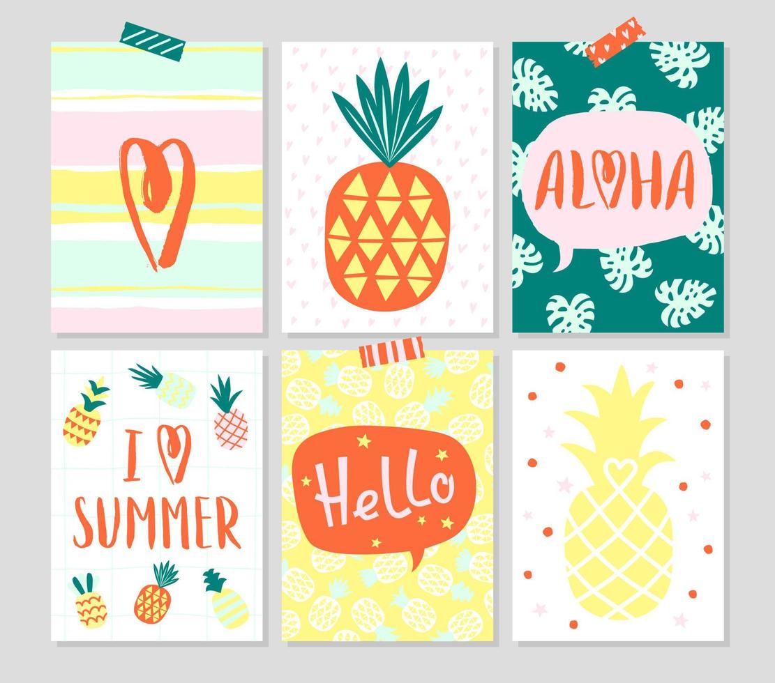 cartes dessinées à la main d'été avec ananas et typographie. ensemble d'affiches lumineuses avec texte écrit à la main. illustration vectorielle. vecteur