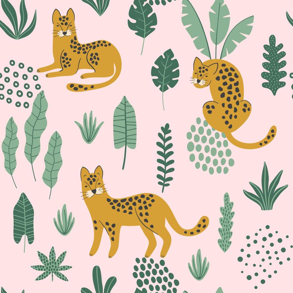 joli motif harmonieux de léopards dessinés à la main et de feuilles tropicales. papier peint coloré. modèle de conception de vecteur. bon pour l'impression, le tissu, le papier d'emballage, etc. vecteur