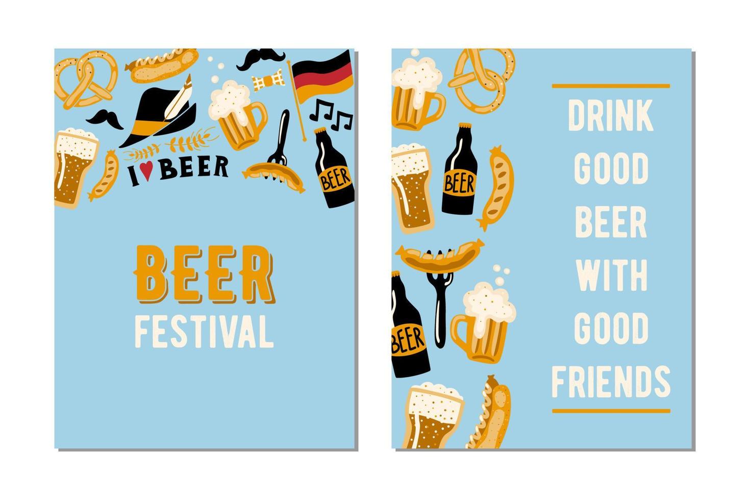 lot de 2 cartes pour la fête de la bière. boire de la bonne bière avec de bons amis. modèle de conception dessiné à la main de vecteur. vecteur