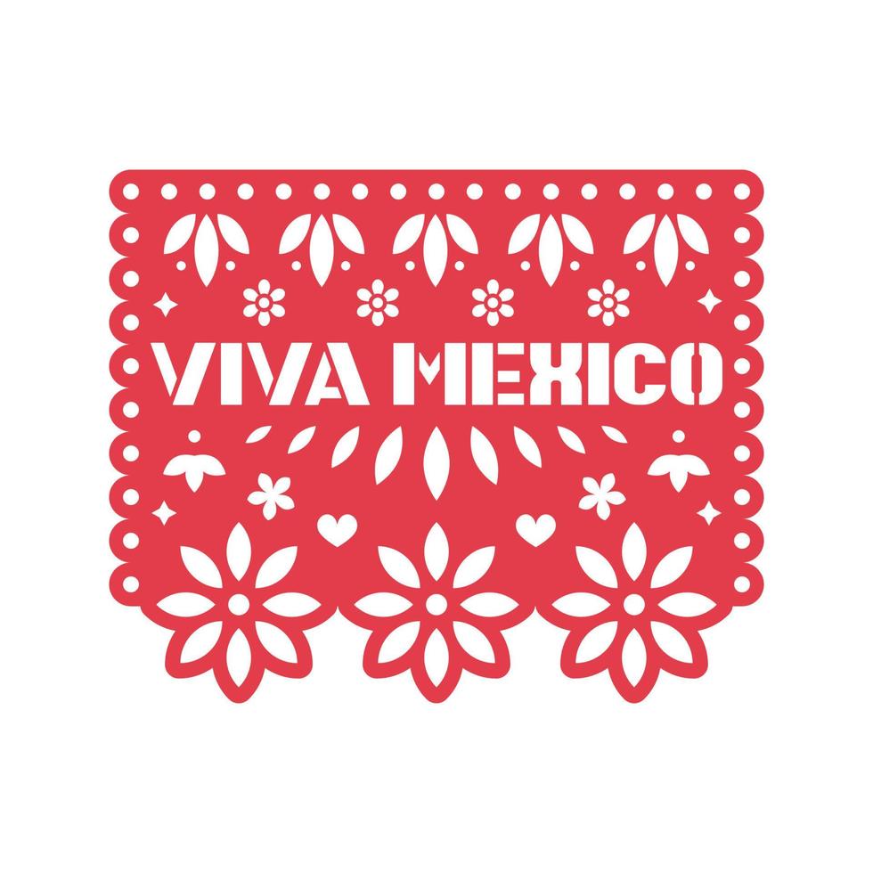 carte de voeux en papier avec fleurs découpées, formes géométriques et texte viva mexico. conception de modèle vectoriel papel picado isolée sur fond blanc. guirlande de papier mexicaine traditionnelle.