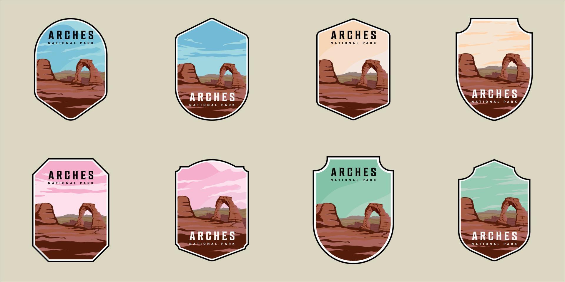 ensemble d'arches emblème parc national illustration vectorielle modèle conception graphique.bundle collection de diverses couleurs de ciel et de nuage vintage à l'extérieur et signe ou symbole d'aventure pour les voyages d'affaires vecteur