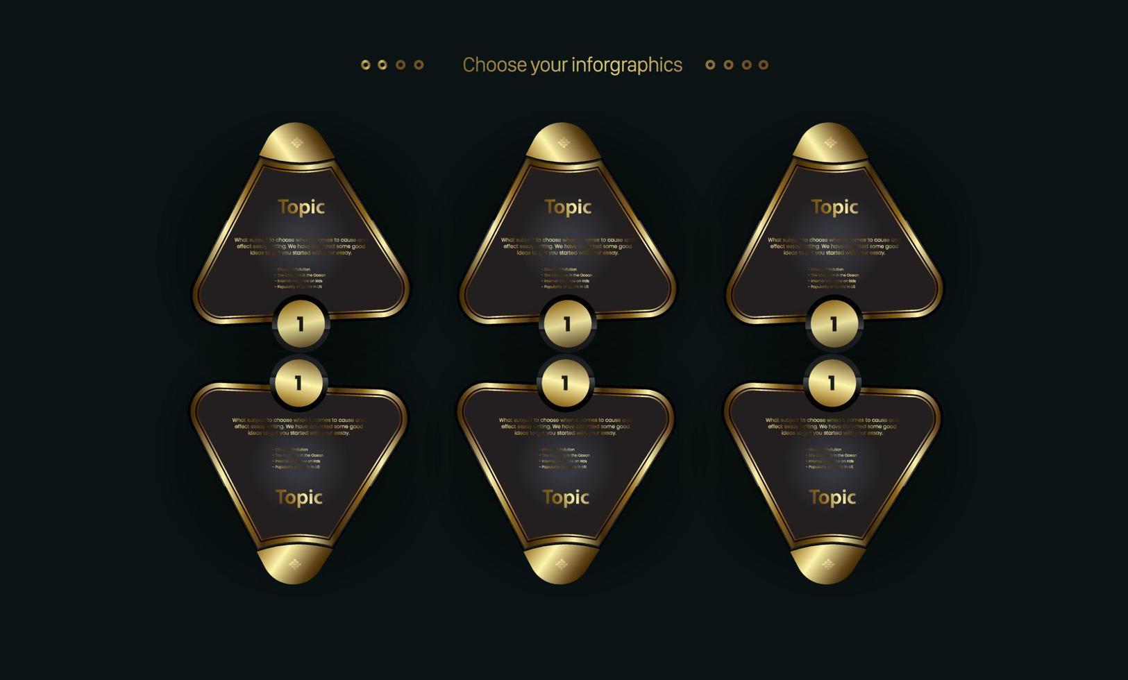 un groupe de motifs de boutons triangle premuim sur fond sombre. un triagle de luxe options dans le concept de thème de couleur dorée, vecteur et illustration