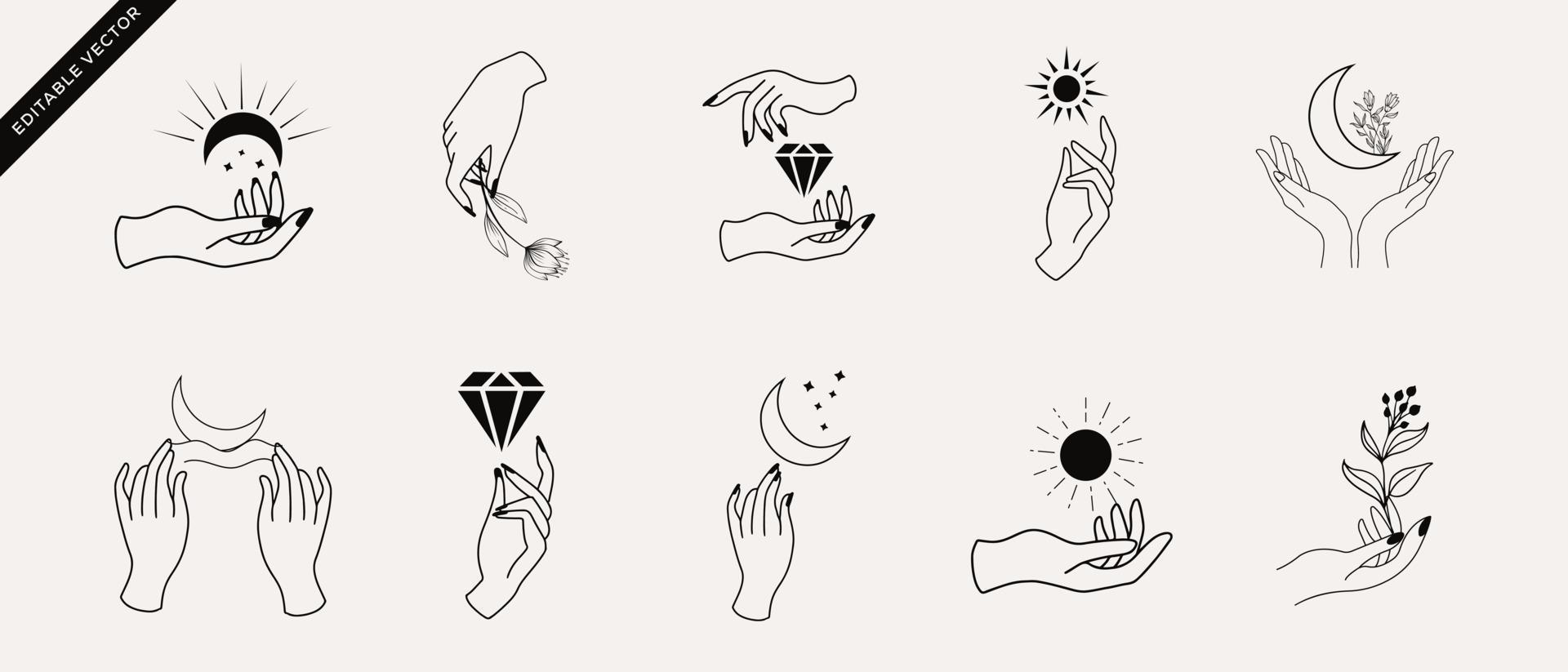 un ensemble de collections d'icônes de main de femme dans un style linéaire minimal. modèles de conception de logo vectoriel avec différents gestes de la main, cristal. pour les cosmétiques, la beauté, le tatouage, le spa, le féminin, la bijouterie.