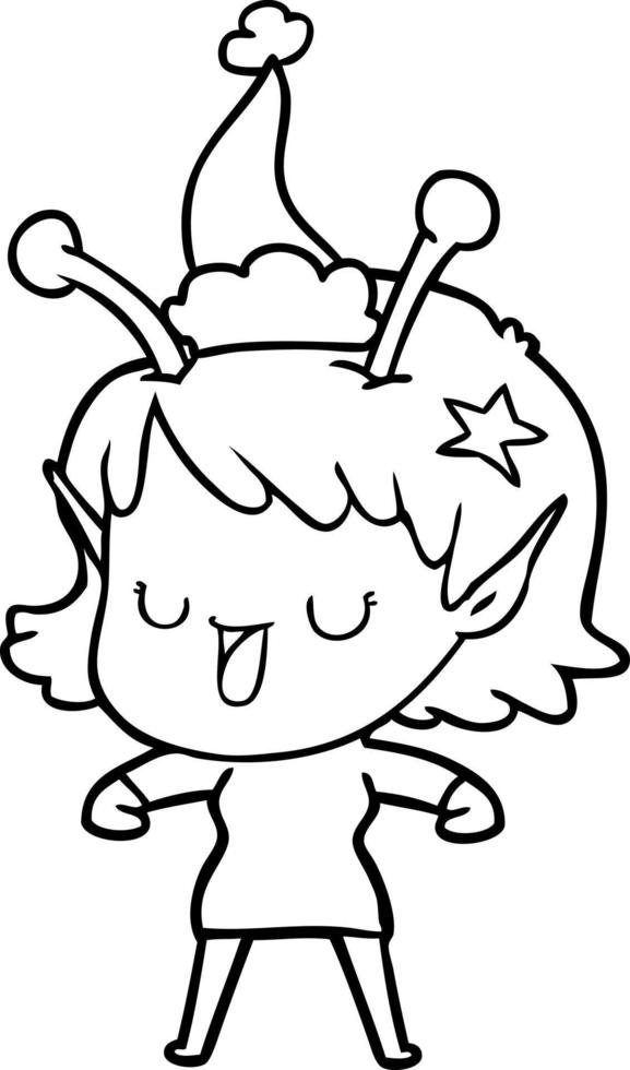 Happy alien girl dessin au trait d'un bonnet de noel portant vecteur