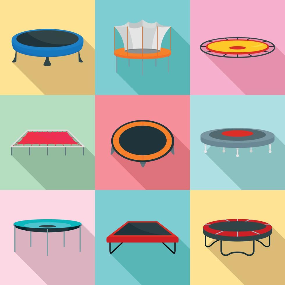 jeu d'icônes de joie de parc de saut de trampoline, style plat vecteur