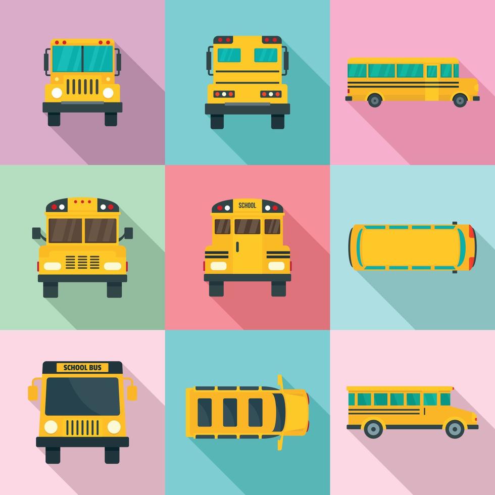 jeu d'icônes d'enfants de retour d'autobus scolaire, style plat vecteur