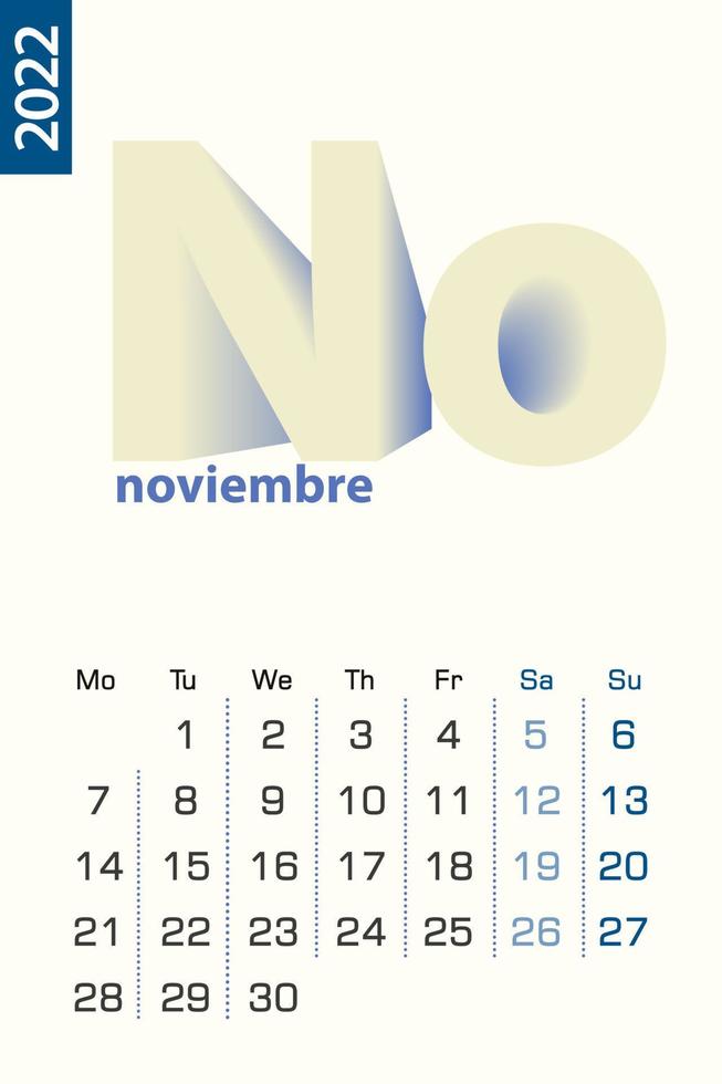 modèle de calendrier minimaliste pour novembre 2022, calendrier vectoriel en espagnol.