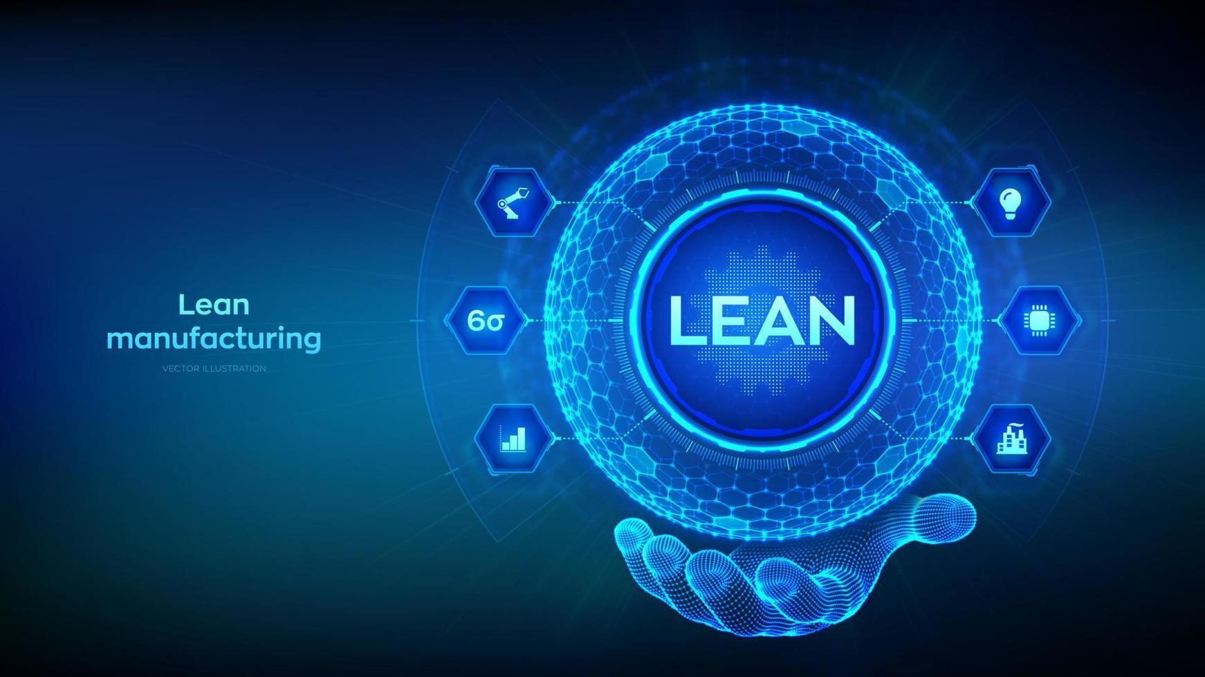 maigre. industrie intelligente six sigma, contrôle de la qualité, normalisation. fabrication au plus juste dmaic. concept d'optimisation des processus commerciaux et industriels. sphère de grille hexagonale dans la main filaire. vecteur. vecteur