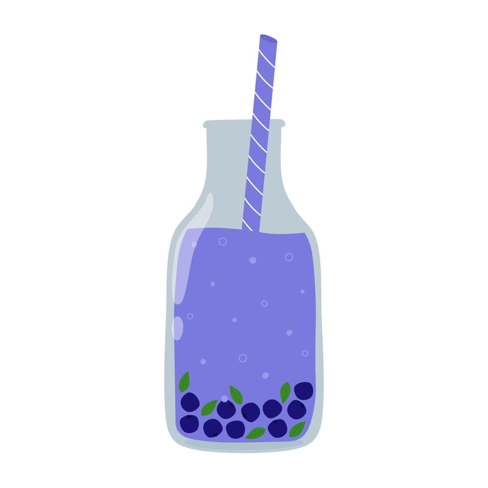 smoothie aux bleuets dans une bouteille en verre avec paille. boisson fraîche aux myrtilles pour une alimentation saine. boisson d'été rafraîchissante aux baies vecteur