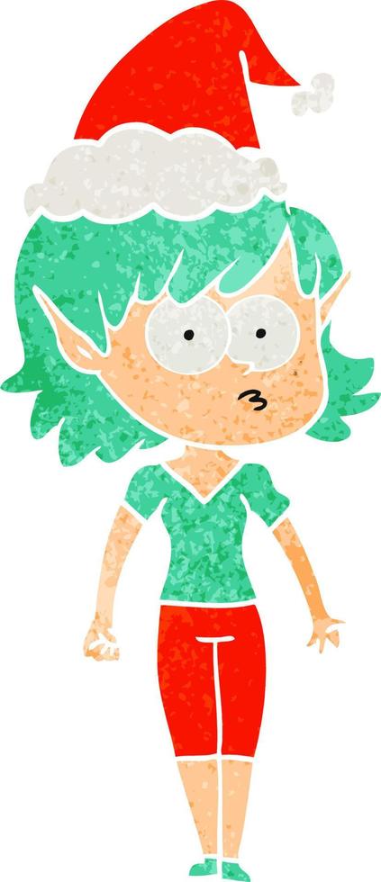 dessin animé rétro d'une fille elfe regardant fixement portant un bonnet de noel vecteur