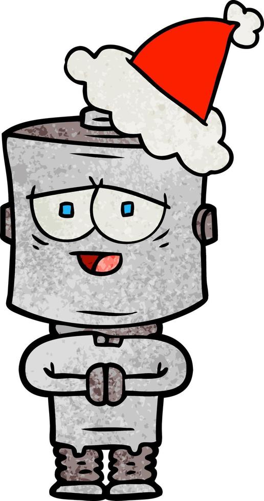 dessin animé texturé d'un robot portant un bonnet de noel vecteur