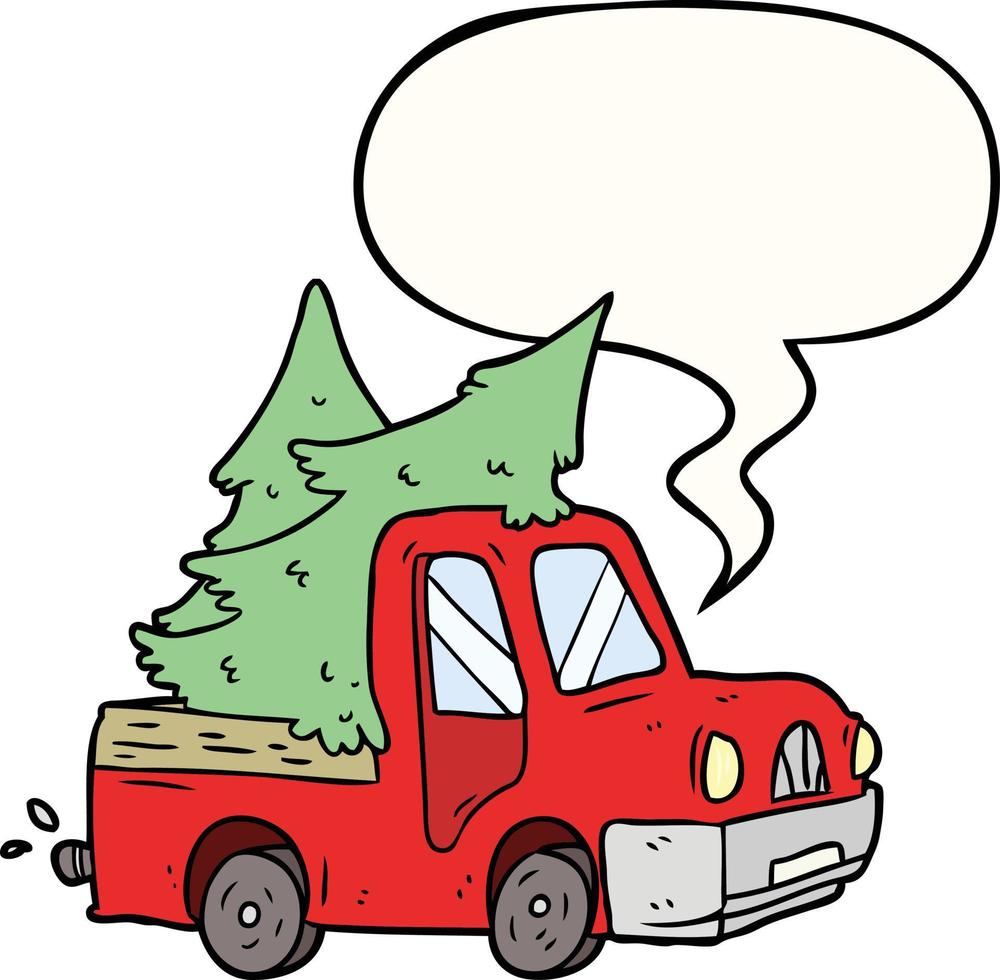 camionnette de dessin animé transportant des arbres de noël et une bulle de dialogue vecteur