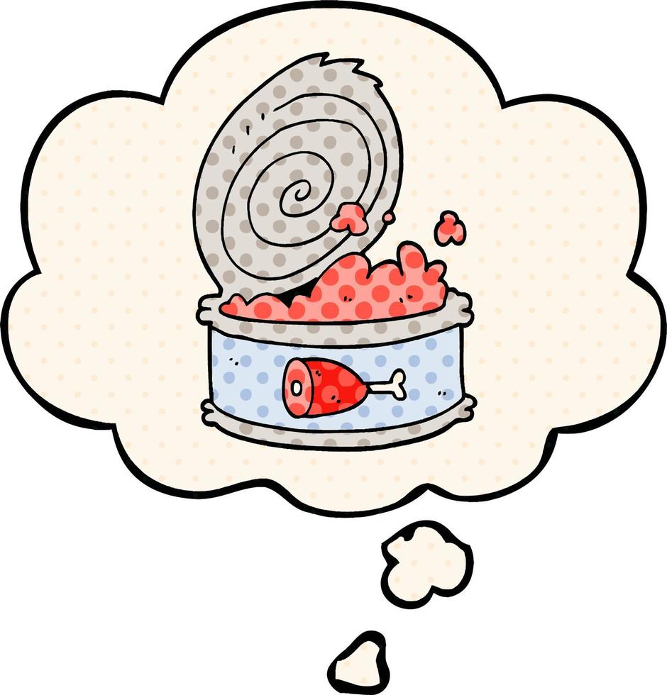 dessin animé de nourriture en conserve et bulle de pensée dans le style de la bande dessinée vecteur