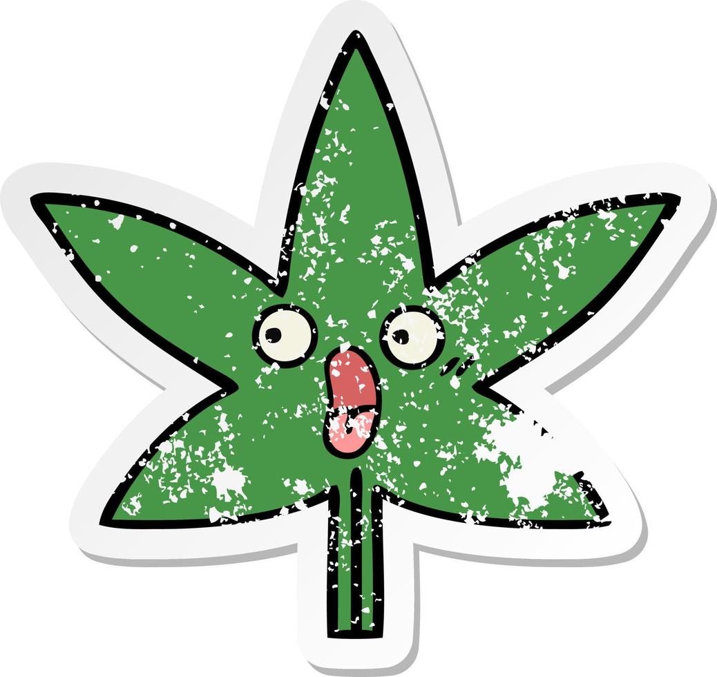 autocollant en détresse d'une feuille de marijuana de dessin animé mignon vecteur