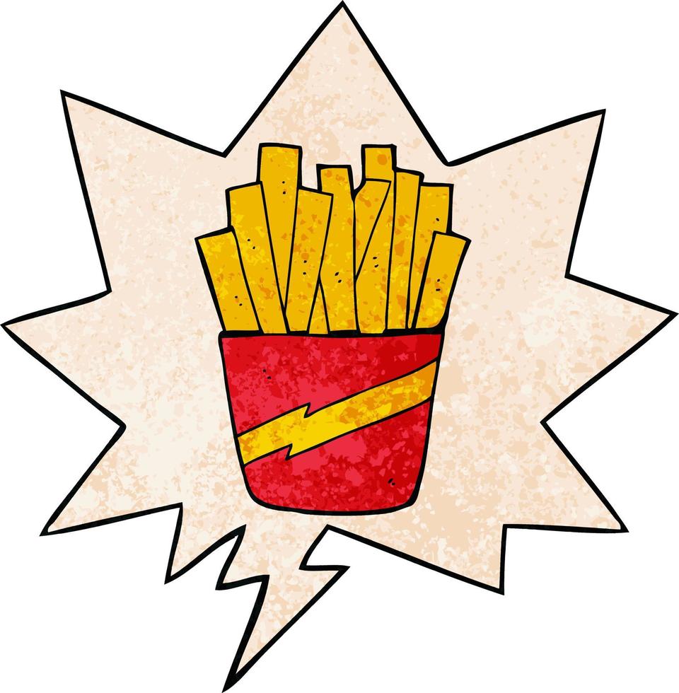 boîte de dessin animé de frites et bulle de dialogue dans un style de texture rétro vecteur