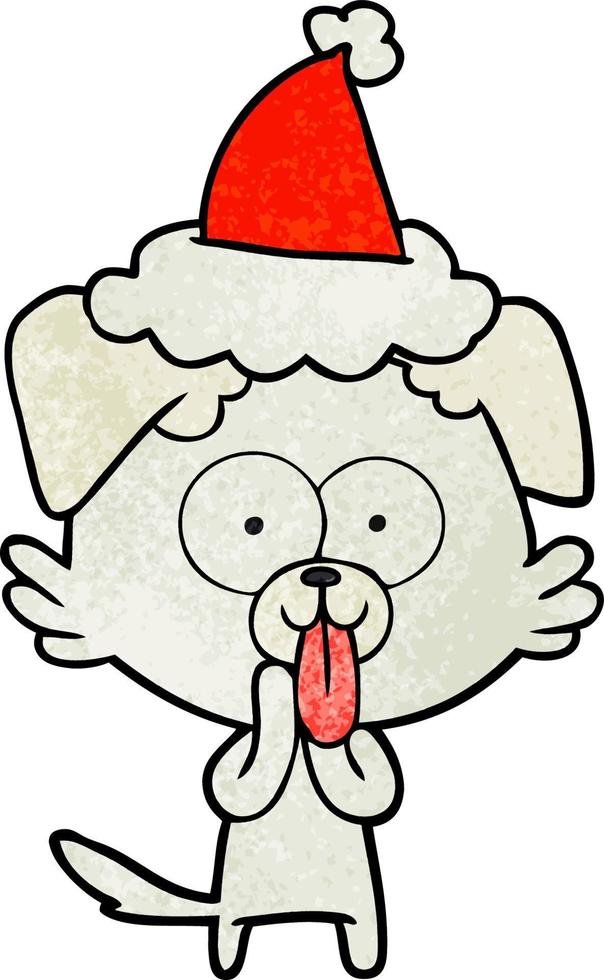 dessin animé texturé d'un chien avec la langue qui sort portant un bonnet de noel vecteur