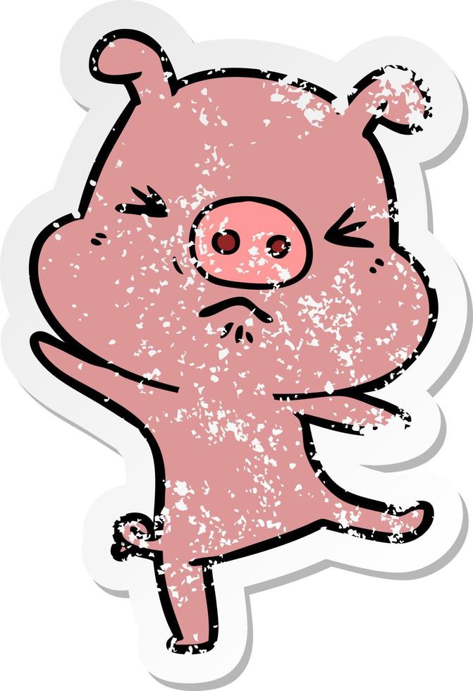 autocollant en détresse d'un cochon furieux de dessin animé vecteur