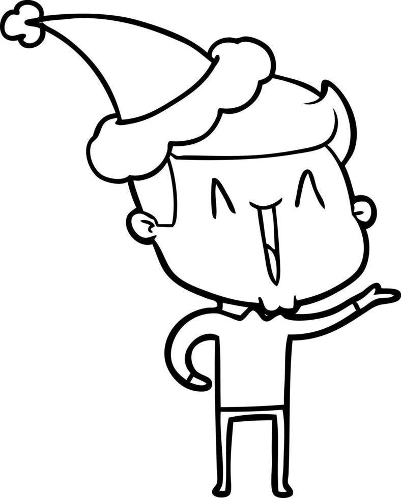 dessin au trait d'un homme excité portant un bonnet de noel vecteur