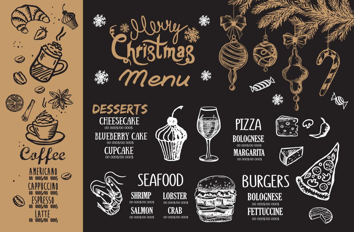 café menu de noël. dépliant alimentaire. Le menu du restaurant. conception de modèle. vecteur