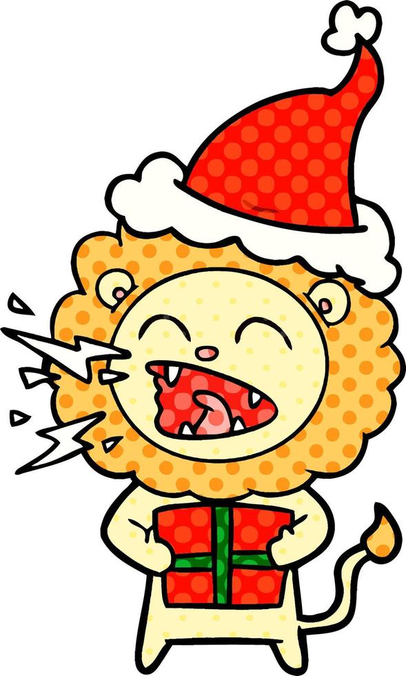 illustration de style bande dessinée d'un lion rugissant avec un cadeau portant un bonnet de noel vecteur