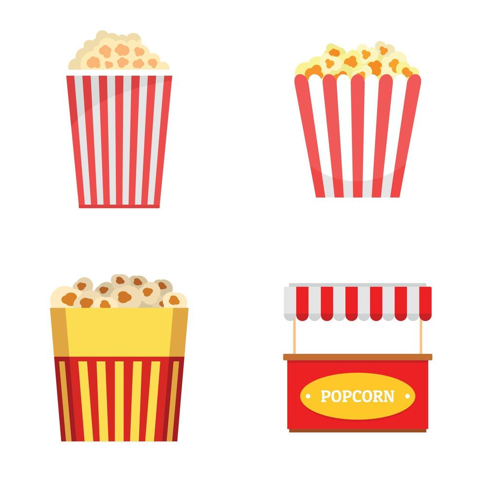 jeu d'icônes rayées de boîte de cinéma pop-corn, style plat vecteur