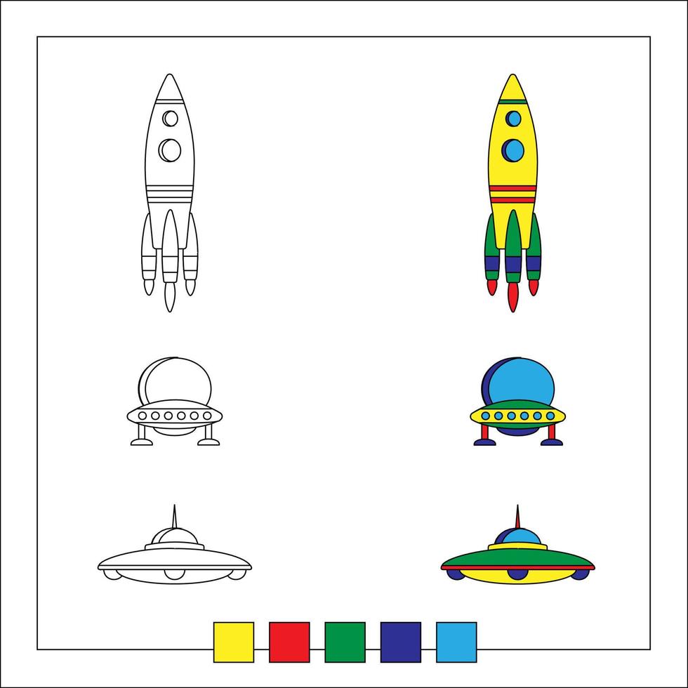 livre de coloriage pour enfants avec des échantillons de couleurs et des exemples d'images. livre pour enfants, coloriage, dessin, apprentissage et éducation préscolaire. vecteur