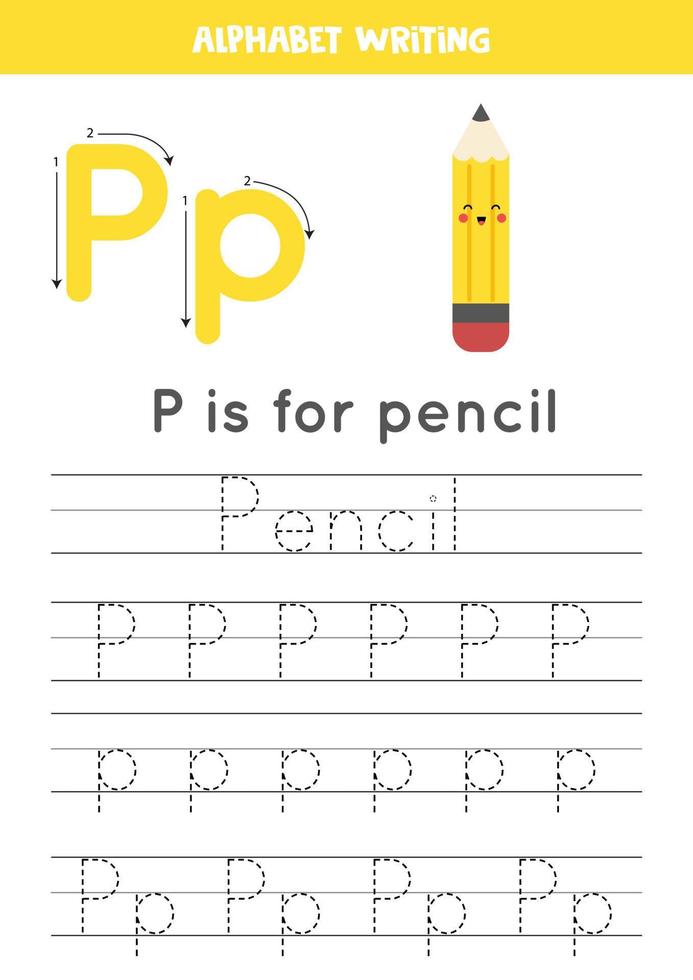 apprendre l'alphabet anglais pour les enfants. lettre p. joli crayon kawaii. vecteur