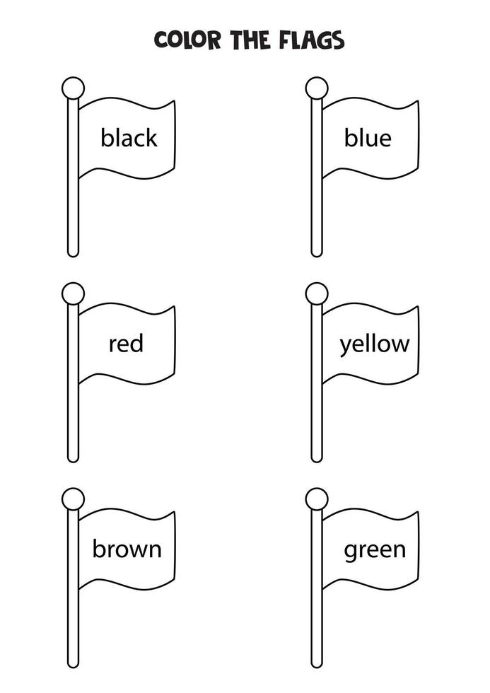 lire les noms des couleurs et des drapeaux de couleur. feuille de travail éducative pour les enfants. vecteur