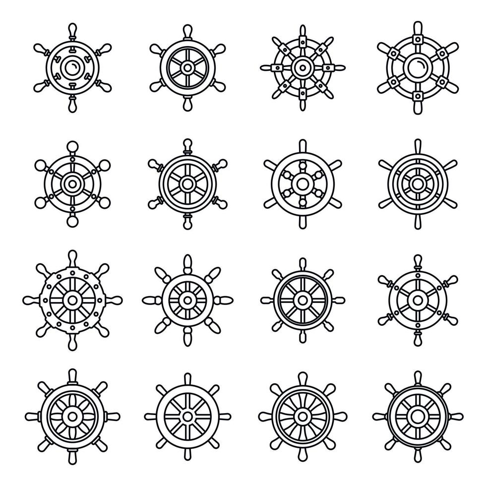 jeu d'icônes d'élément de roue de bateau, style de contour vecteur