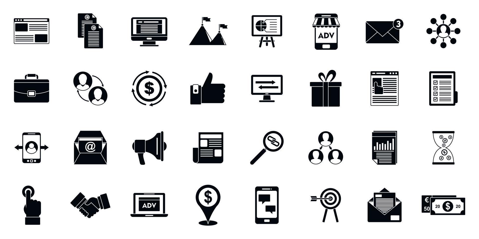 ensemble d'icônes de marketing d'affiliation sociale, style simple vecteur