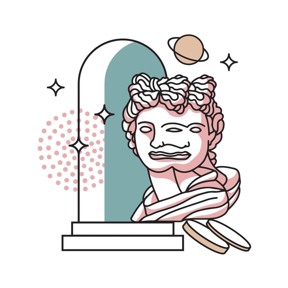 concept surréaliste psychédélique avec un buste grec coloré, sculpture ancienne avec arc et étoiles. illustration vectorielle trippy linéaire dans un style psychédélique branché. vecteur