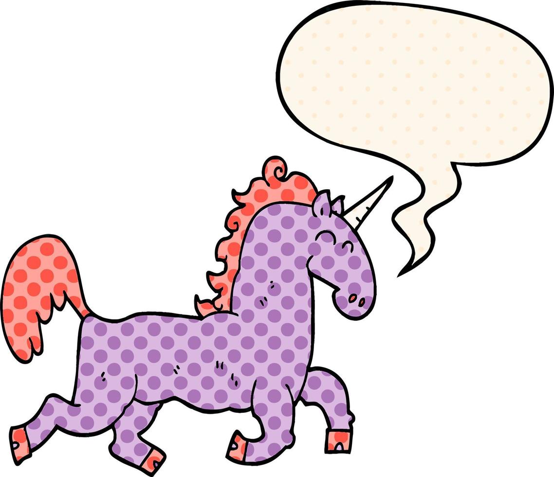 dessin animé licorne et bulle de dialogue dans le style de la bande dessinée vecteur