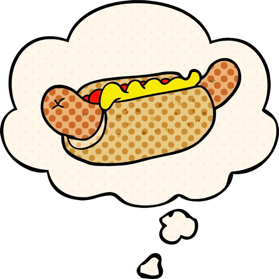 dessin animé hot-dog et bulle de pensée dans le style de la bande dessinée vecteur