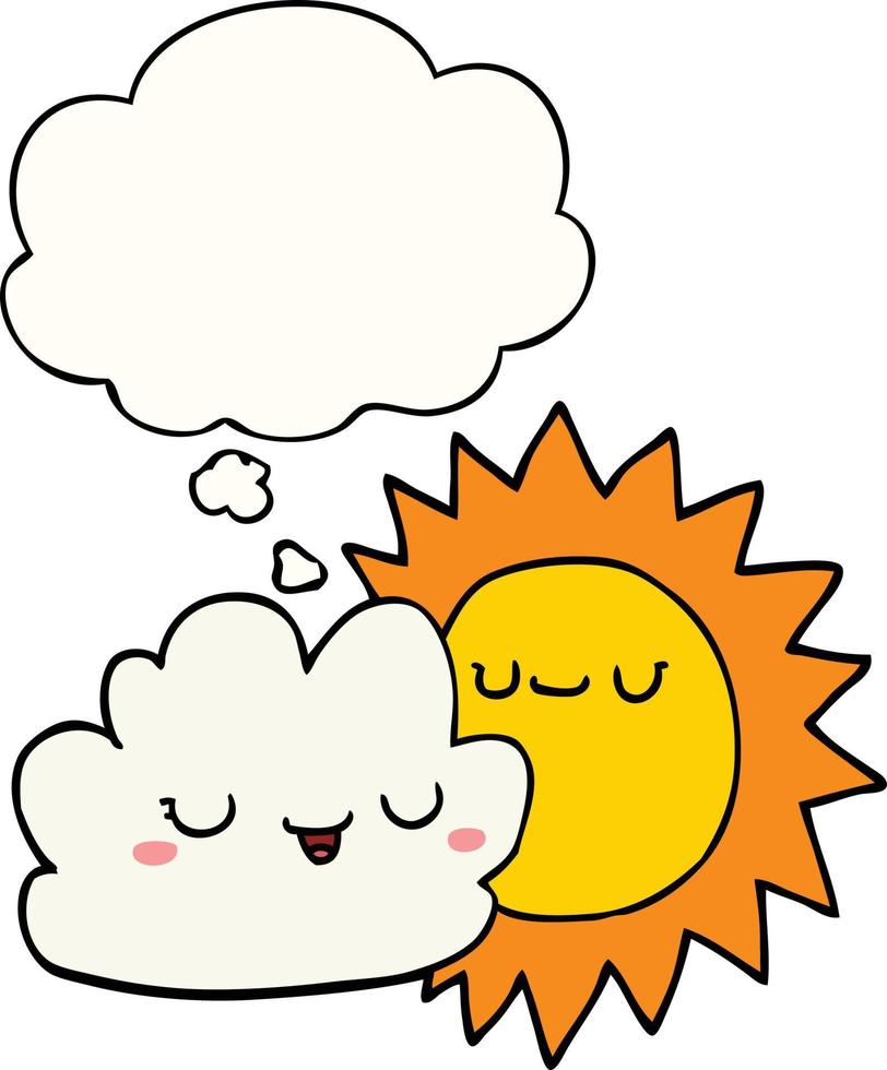 dessin animé soleil et nuage et bulle de pensée vecteur