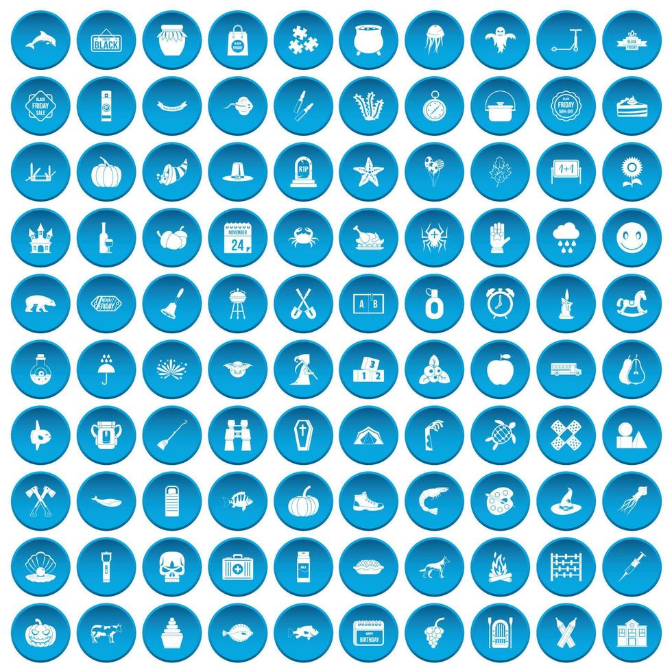 100 icônes de vacances d'automne définies en bleu vecteur